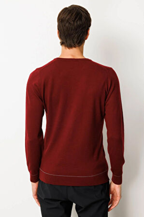 Erkek V Yaka Çizgili Baklavalı Yün Kazak Bordo