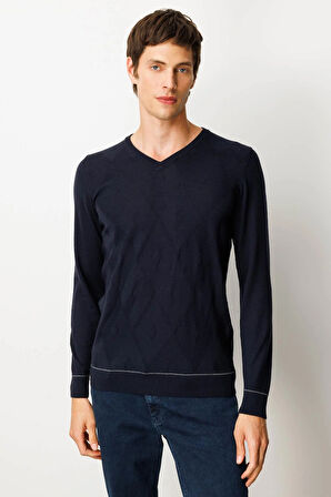 Erkek V Yaka Çizgili Baklavalı Yün Kazak K.Lacivert