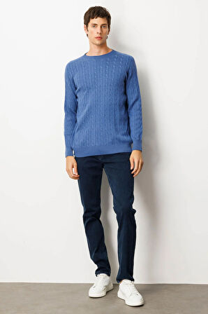 Erkek Sıfır Yaka Saç Örgülü Kazak İndigo