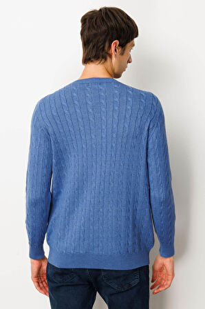 Erkek Sıfır Yaka Saç Örgülü Kazak İndigo