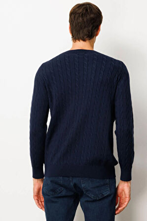 Erkek Sıfır Yaka Saç Örgülü Kazak K.Lacivert