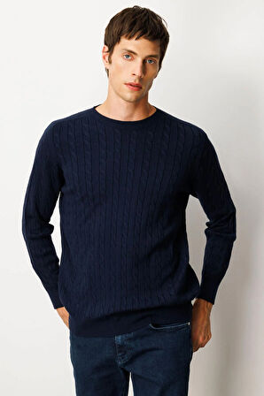 Erkek Sıfır Yaka Saç Örgülü Kazak K.Lacivert