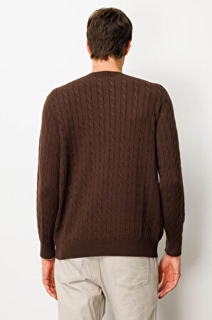 Erkek Sıfır Yaka Saç Örgülü Kazak Kahve