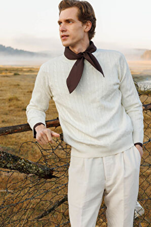 Erkek Sıfır Yaka Saç Örgülü Kazak Kemik