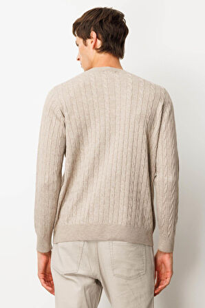 Erkek Sıfır Yaka Saç Örgülü Kazak Vizon