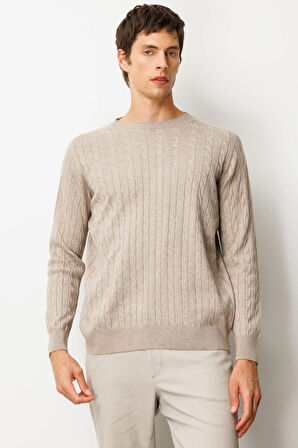 Erkek Sıfır Yaka Saç Örgülü Kazak Vizon