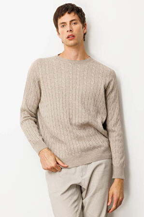 Erkek Sıfır Yaka Saç Örgülü Kazak Vizon