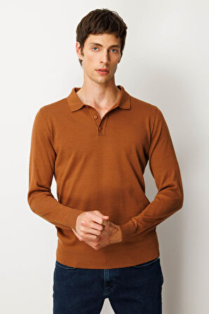 Erkek Basic Polo Yaka İnce Triko Kazak Taba