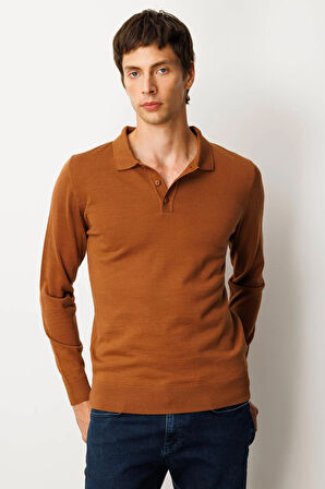 Erkek Basic Polo Yaka İnce Triko Kazak Taba