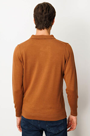 Erkek Basic Polo Yaka İnce Triko Kazak Taba