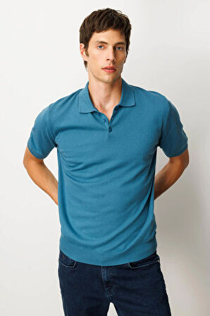Erkek Polo Yaka %100 Pamuk Kısa Kol İnce Triko Mavi