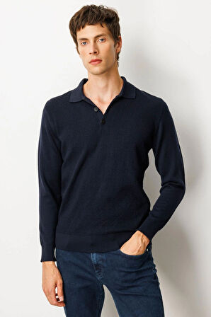 Erkek Polo Yaka Önü Baklavalı Triko Kazak K.Lacivert