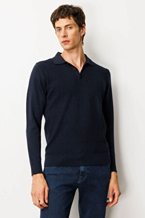 Erkek Polo Yaka Önü Baklavalı Triko Kazak K.Lacivert