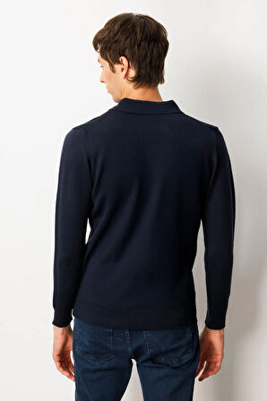 Erkek Polo Yaka Önü Baklavalı Triko Kazak K.Lacivert