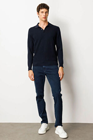 Erkek Polo Yaka Önü Baklavalı Triko Kazak K.Lacivert