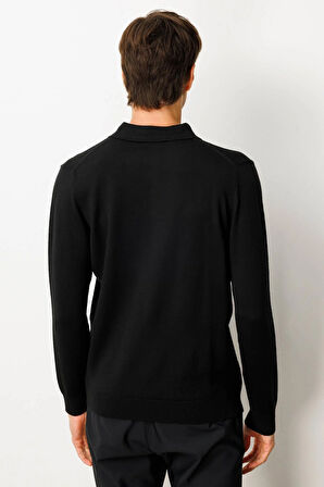 Erkek Polo Yaka Önü Baklavalı Triko Kazak Siyah