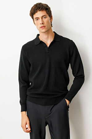 Erkek Polo Yaka Önü Baklavalı Triko Kazak Siyah
