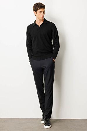 Erkek Polo Yaka Önü Baklavalı Triko Kazak Siyah