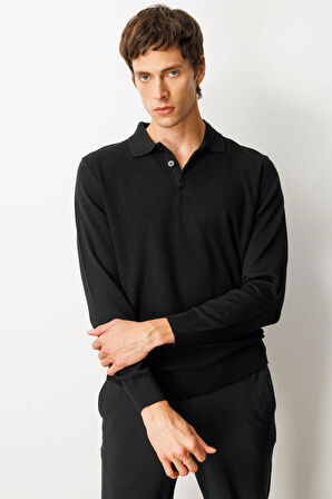 Erkek Polo Yaka Önü Baklavalı Triko Kazak Siyah