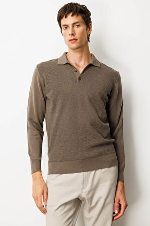 Erkek Polo Yaka Önü Baklavalı Triko Kazak Vizon