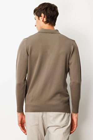 Erkek Polo Yaka Önü Baklavalı Triko Kazak Vizon