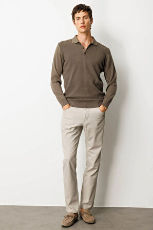 Erkek Polo Yaka Önü Baklavalı Triko Kazak Vizon