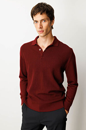 Erkek Polo Yaka Önü Baklavalı Triko Kazak Bordo