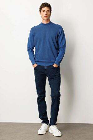 Erkek Yarım Balıkçı Yaka Önü Baklavalı Triko Kazak H.Mavi