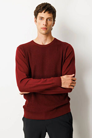Erkek Sıfır Yaka Önü Baklavalı Triko Kazak Bordo