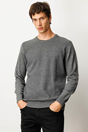 Erkek Sıfır Yaka Önü Baklavalı Triko Kazak Füme