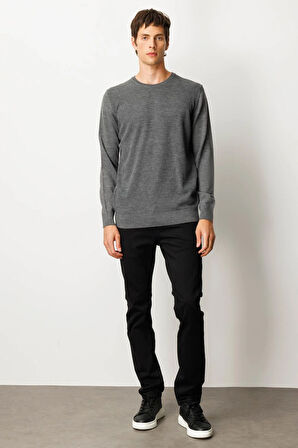 Erkek Sıfır Yaka Önü Baklavalı Triko Kazak Füme