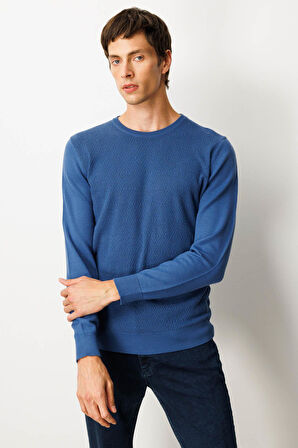 Erkek Sıfır Yaka Önü Baklavalı Triko Kazak H.Mavi