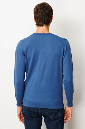 Erkek Sıfır Yaka Önü Baklavalı Triko Kazak H.Mavi