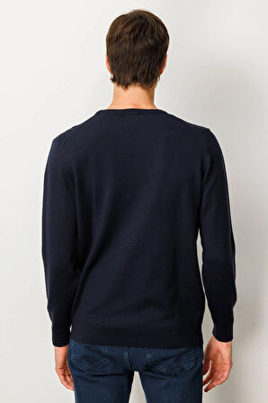 Erkek Sıfır Yaka Önü Baklavalı Triko Kazak K.Lacivert