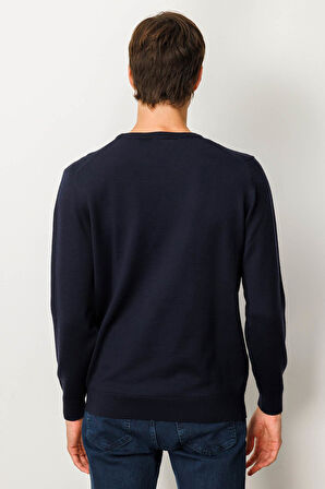 Erkek Sıfır Yaka Önü Baklavalı Triko Kazak K.Lacivert