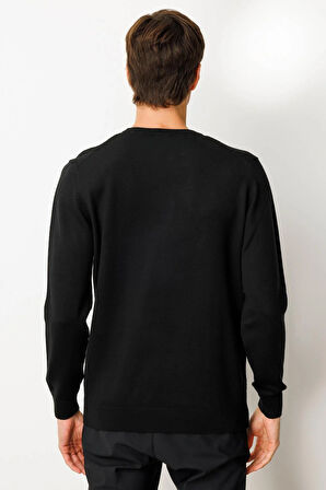 Erkek Sıfır Yaka Önü Baklavalı Triko Kazak Siyah