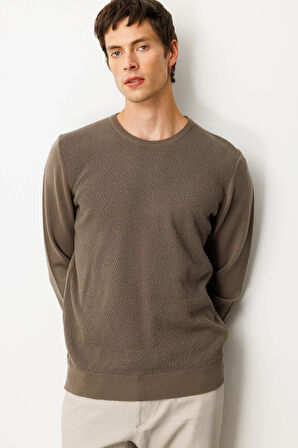 Erkek Sıfır Yaka Önü Baklavalı Triko Kazak Vizon