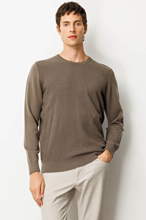 Erkek Sıfır Yaka Önü Baklavalı Triko Kazak Vizon