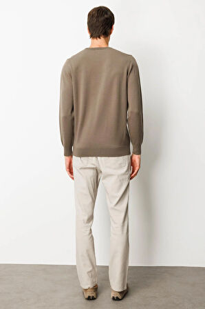 Erkek Sıfır Yaka Önü Baklavalı Triko Kazak Vizon