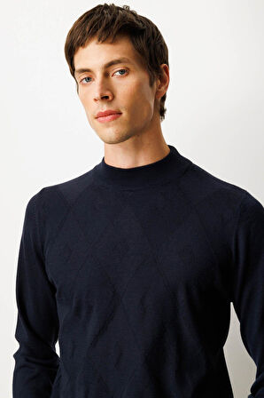 Erkek Yarım Balıkçı Yaka Çizgili Baklavalı Yün Kazak K.Lacivert