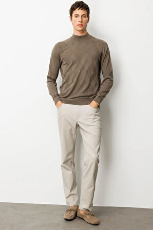 Erkek Yarım Balıkçı Yaka Çizgili Baklavalı Yün Kazak Vizon