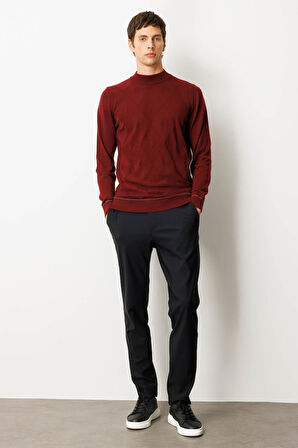 Erkek Yarım Balıkçı Yaka Çizgili Baklavalı Yün Kazak Bordo