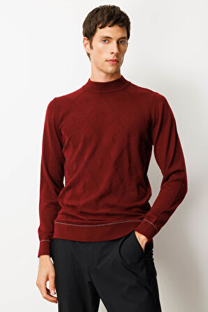 Erkek Yarım Balıkçı Yaka Çizgili Baklavalı Yün Kazak Bordo