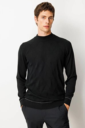 Erkek Yarım Balıkçı Yaka Çizgili Baklavalı Yün Kazak Siyah