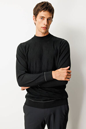 Erkek Yarım Balıkçı Yaka Çizgili Baklavalı Yün Kazak Siyah