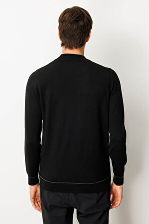 Erkek Yarım Balıkçı Yaka Çizgili Baklavalı Yün Kazak Siyah