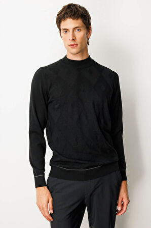 Erkek Yarım Balıkçı Yaka Çizgili Baklavalı Yün Kazak Siyah