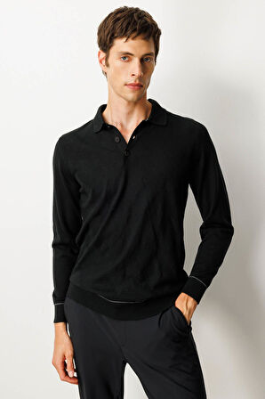 Erkek Polo Yaka Çizgili Baklavalı Yün Kazak Siyah