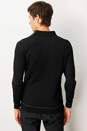 Erkek Polo Yaka Çizgili Baklavalı Yün Kazak Siyah