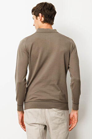 Erkek Polo Yaka Çizgili Baklavalı Yün Kazak Vizon